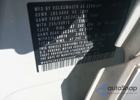 2017 Volkswagen Tiguan 2.0T Sport z USA, uszkodzony, nr VIN WVGTV7AX2HK028834